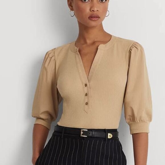 Ralph Lauren Puff Sleeve Tan Henley Top Women’s Large - Picture 9 of 10